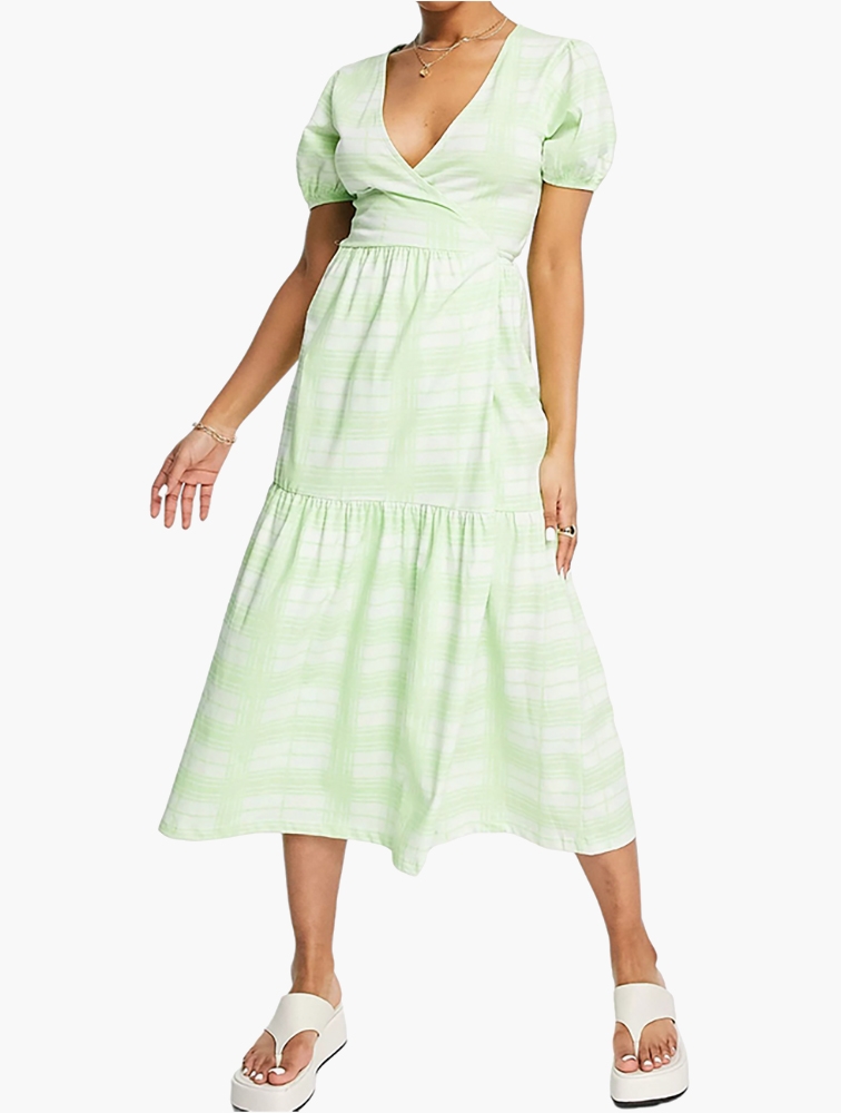 MyRunway | Shop ASOS Green Check Tiered Midi Wrap Dress for Women from ...