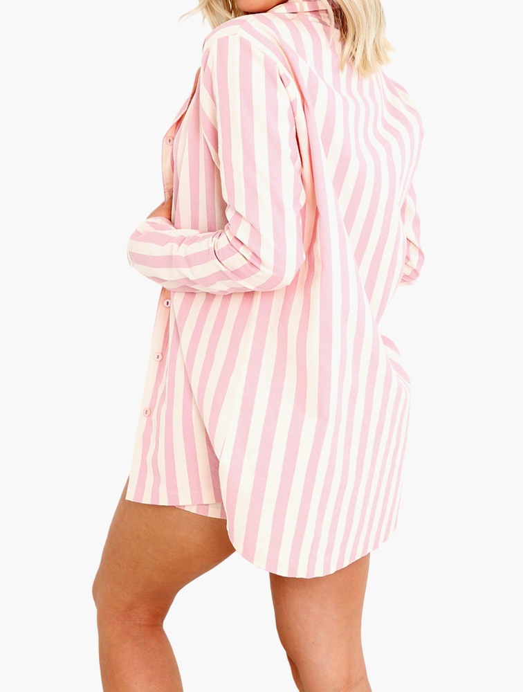 Myrunway Shop Brave Soul Pink Triangle Bralette And Stripe Shirt And High Waist Shorts Lounge Set