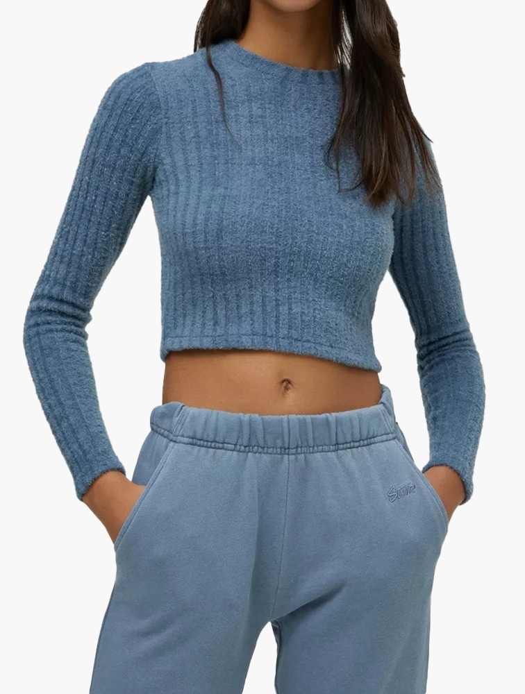 Pull&Bear cropped ribbed polo top in blue