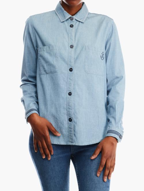 7 for all Mankind Blue Cotton Full Sleeve Shirt