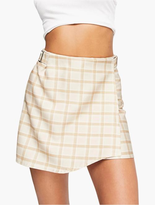 Another Reason Beige Check Wrap Skirt