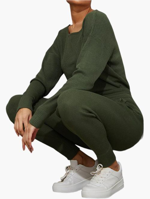Auriel Khaki Jogger Sweatshirt Knitted Lounge Set