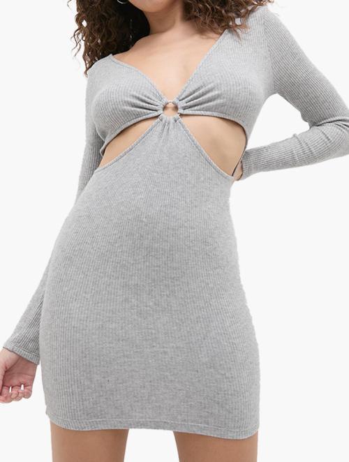 Blake Long Sleeve Cut Out Ring Detail Mini Dress - Light Grey Melange