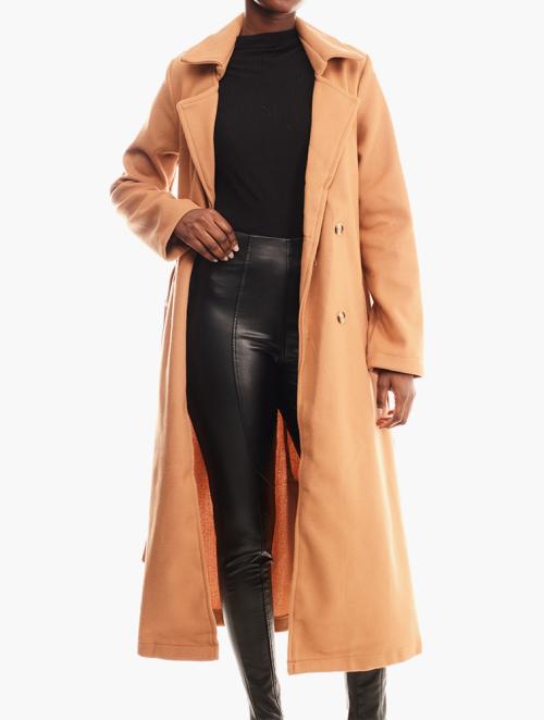 Brave Soul Camel Virgo Maxi Double Breasted Faux Wool Coat