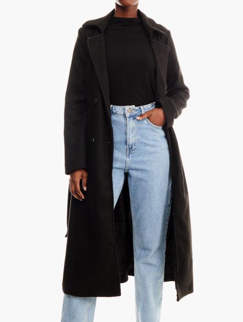 Brave Soul Black Virgo Maxi Double Breasted Faux Wool Coat