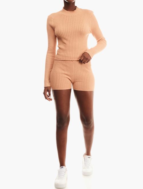 Brave Soul Toasted Camel Knitted Ribbed Short & Long Sleeve Top Set