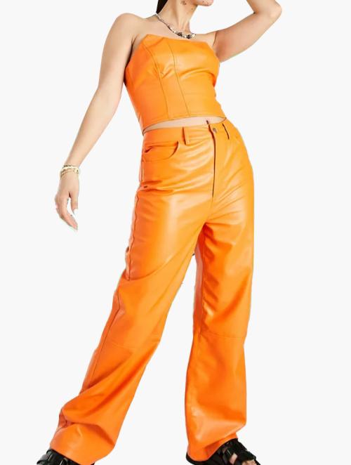 Collusion Orange Faux Leather Carpenter Dad Trousers