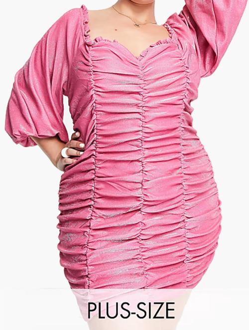 Collective The Label Glitter Pink Ruched Volume Sleeve Mini Dress