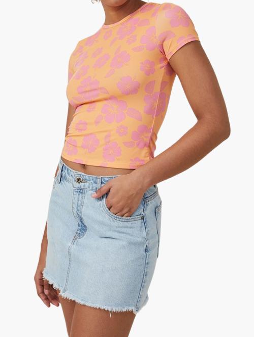 Cotton On Drew Crew Neck Short Sleeve Top - Retro Hibiscus Soft Orange