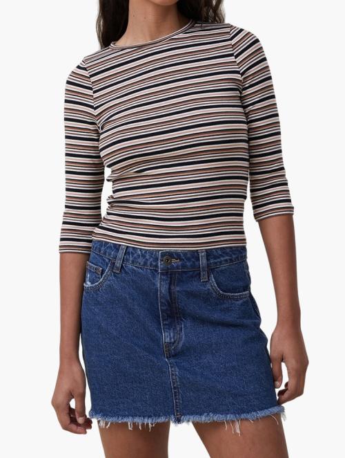 Cotton On Jamie 3/4 Sleeve Top - Alanis Stripe Rich Brown