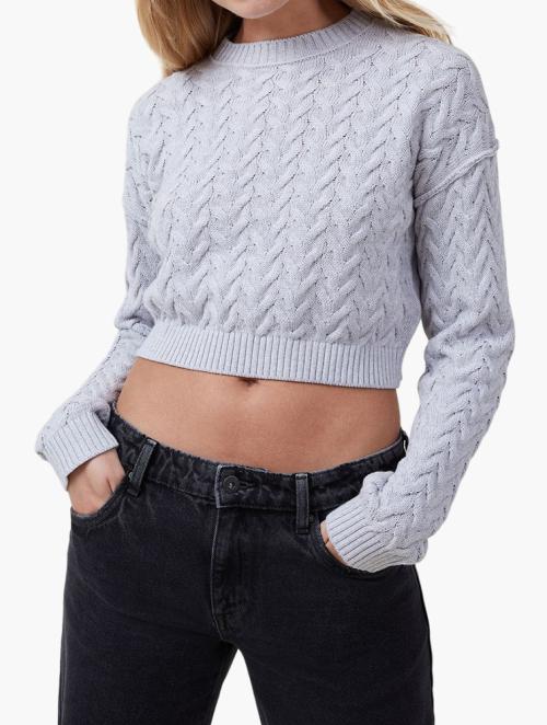 Cotton On Crop Cable Crew - Soft Grey Marle
