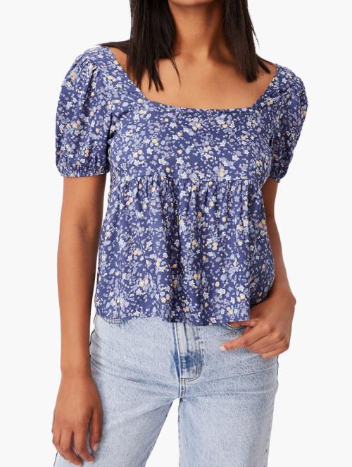 Cotton On Maggie tie back babydoll blouse - libby ditsy coastal blue