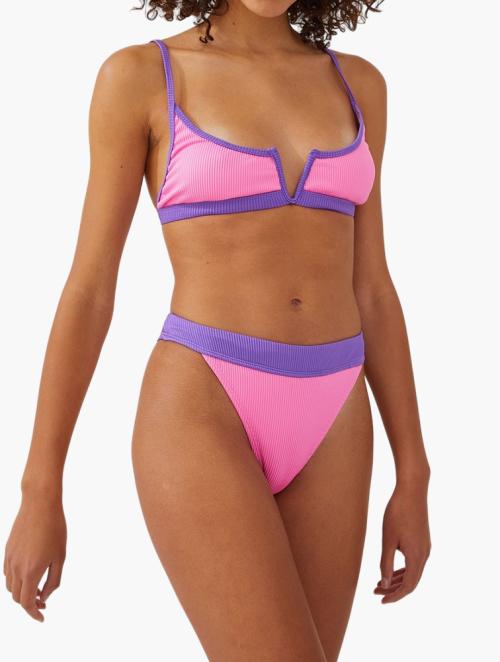 Cotton On Banded Highwaisted Brazilian Bikini Bottom - Cherry Pink/Purple Pansy Rib