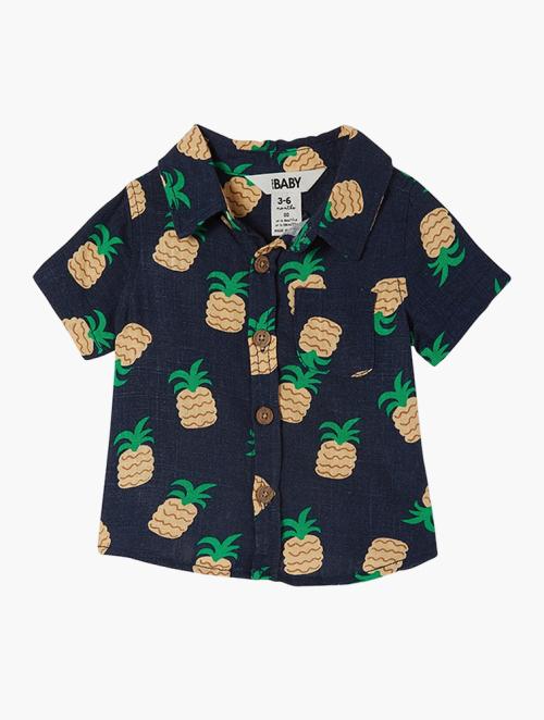 Cotton On Leonard Button Down Shirt - Indigo & Tropical Pineapples