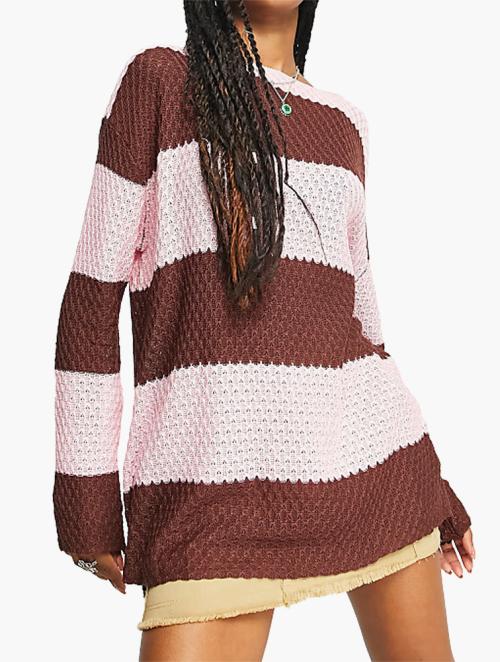 Daisy Street Brown & Pink Stripe Oversized Open Knit Jumper