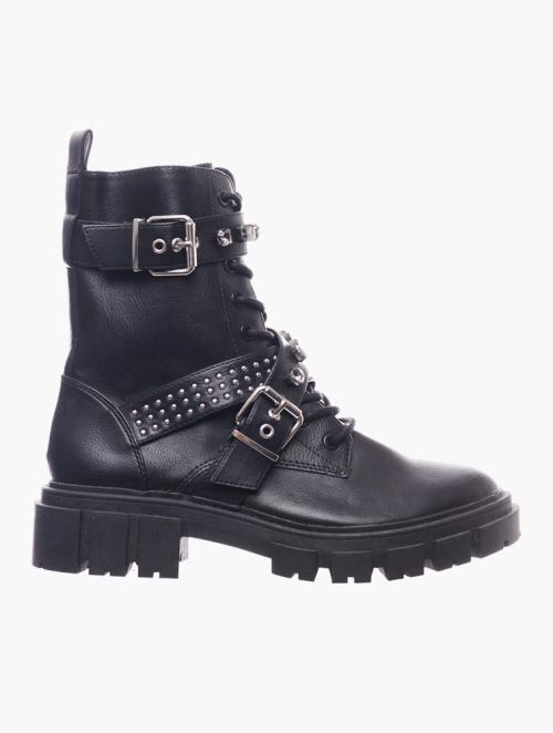 Daily Finery Black Lace & Buckle Chunky Boots