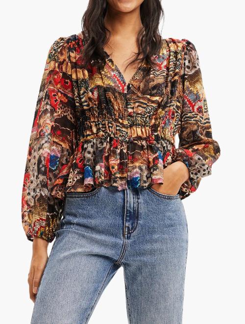 Desigual Brown V-neck Ruffle-effect Hem Blouse