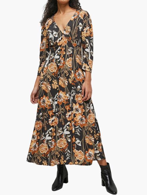 edit Moody Garden Floral Long Sleeve Mutton Detail V-Neck Midaxi Dress