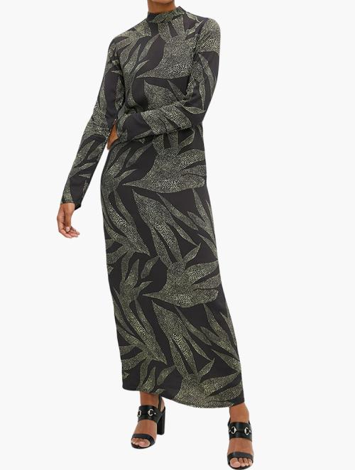 edit Printed Long Sleeve Column Maxi Dress - Leaf Print