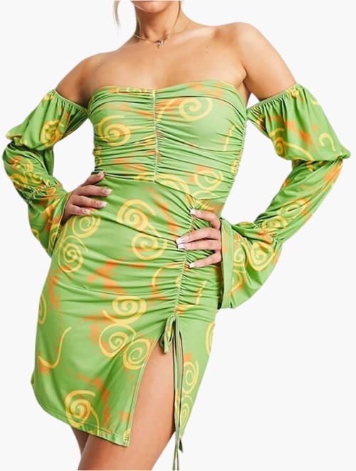 EI8TH HOUR Abstract Green Print Slinky Bardot Dress