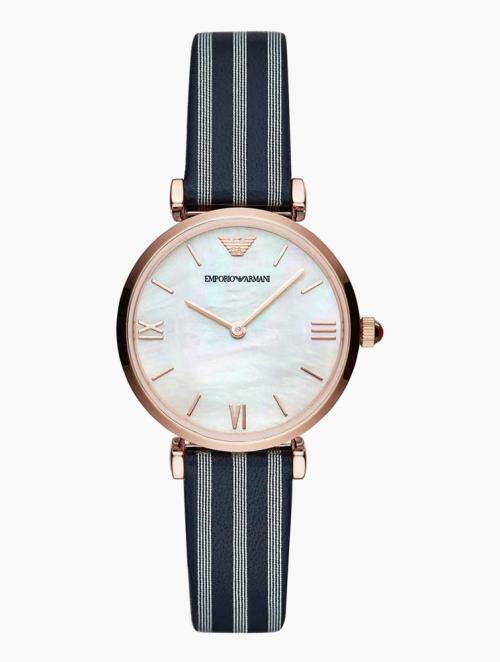 EMPORIO ARMANI Blue Stripes Two Tone Gianni T-Bar Leather Watch