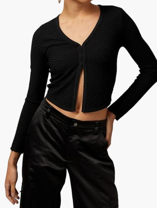 Factorie Long Sleeve Clasp Front Knit Top - Black