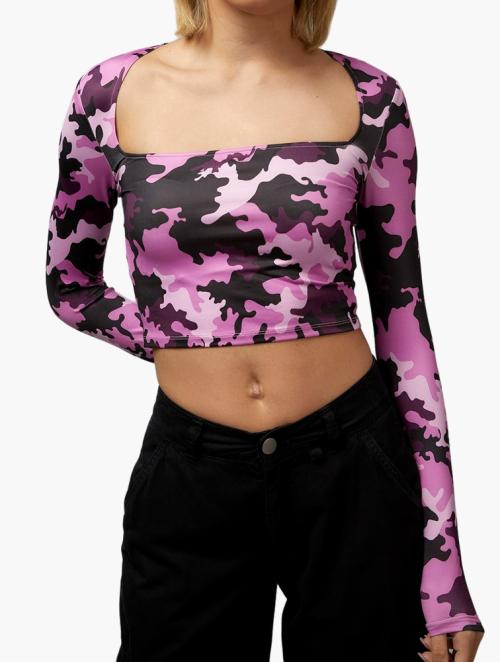 Factorie Long Sleeve Straight Neck Top - Pink Camo