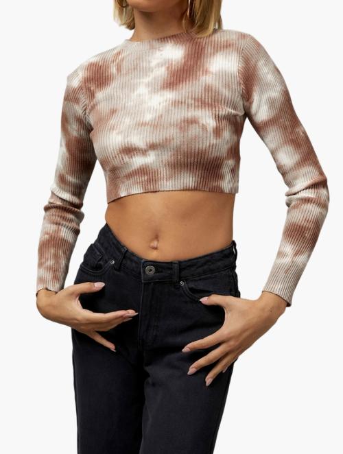 Factorie Long Sleeve Tie Dye Crew Neck Top - Light Mahogany Tie Dye