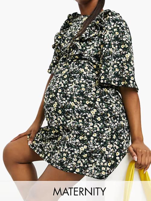 Fashion Union Black Ditsy Floral Ruffle Maternity Mini Dress