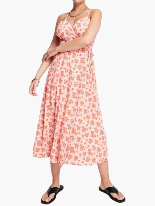 Fashion Union Pink Vintage Floral Wrap Midi Dress