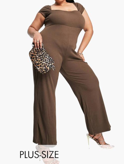 Fashion Union Brown Plus Sweetheart Neckline Wide Leg Ribbed Jumpsuit