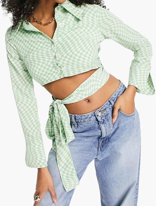 Fashion Union Multi Checkerboard Satin Wrap Blouse