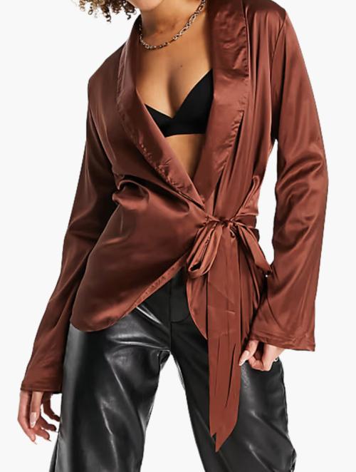 Femme Luxe Chocolate Satin Co Ord Slouchy Blazer