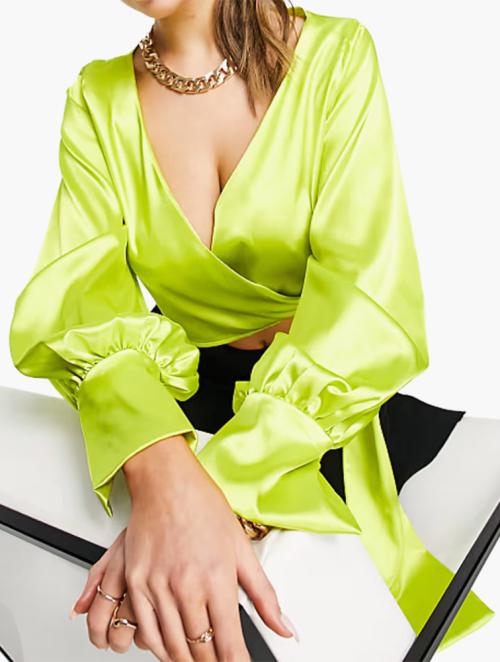 Femme Luxe Lime Oversized Balloon Sleeve Wrap Satin Blouse