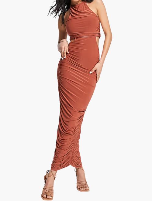 Femme Luxe Sand Luxe Halterneck Ruching Bodycon Midi Dress