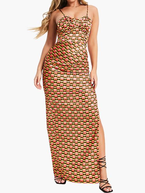 First Distraction Multi Geo Print Satin Thigh Split Ruched Midi Dress