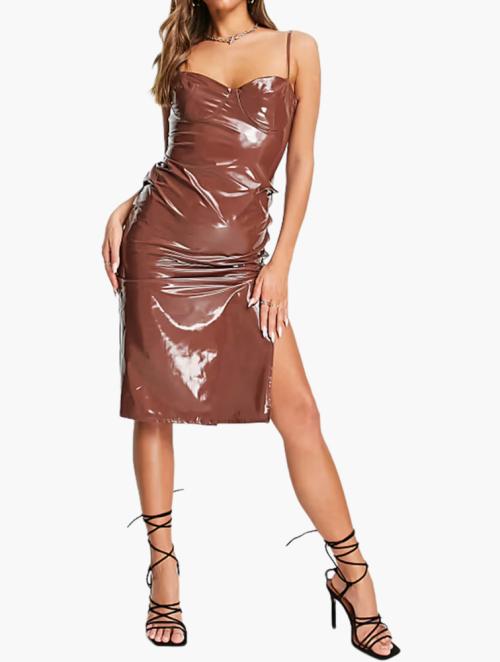 First Distraction Chocolate Brown Vinyl Lace Up Bodyon Dress