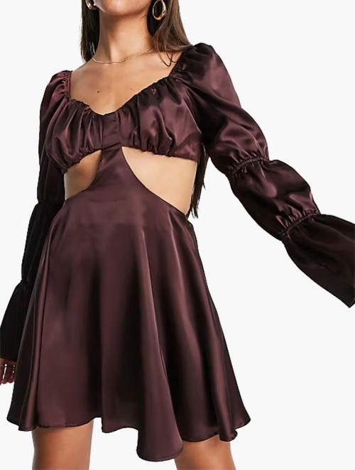 First Distraction Chocolate Brown Ruched Satin Mini Skater Dress