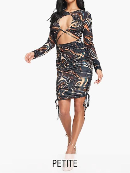 First Distraction Multi Dark Marble Print Petite Ruched Mini Dress