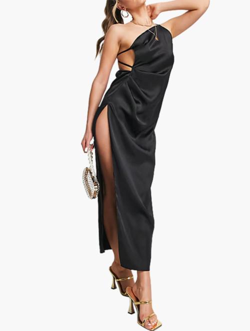 First Distraction Black Satin Thigh Slit Open Back Detail Midi Dress