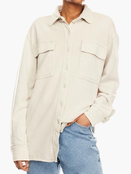 Forever 21 Ivory Distressed Twill Longline Shacket