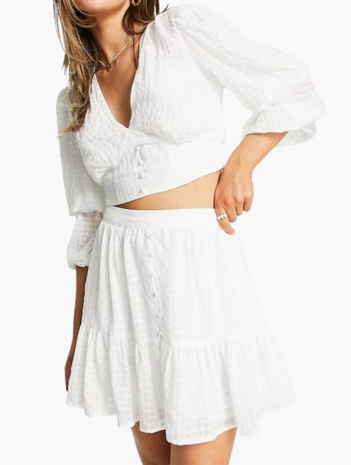 Forever New White Button Up Tiered Co-ord Broderie Mini Skirt