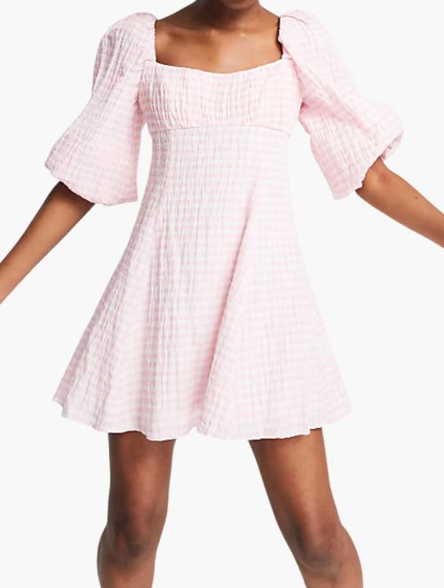 Forever New Baby Pink Gingham Oversized Sleeve Ruched Smock Mini Dress