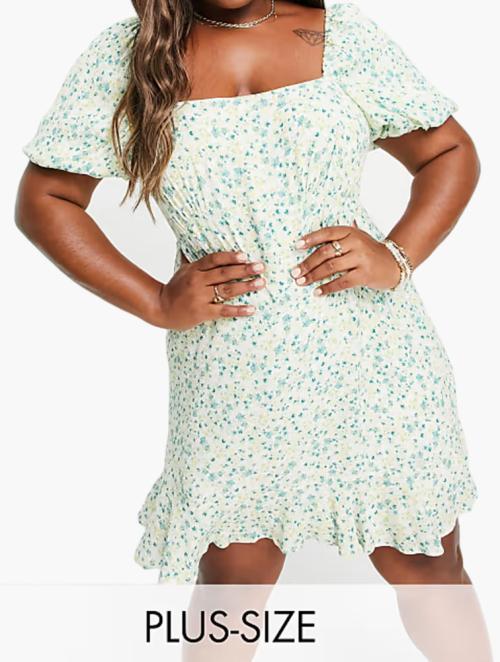 Forever New Green Pistachio Ditsy Print Curve Puff Sleeve Mini Dress