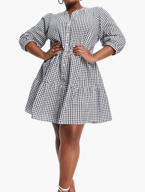 Forever New Navy Gingham Print Curve Tiered Shirt Mini Smock Dress