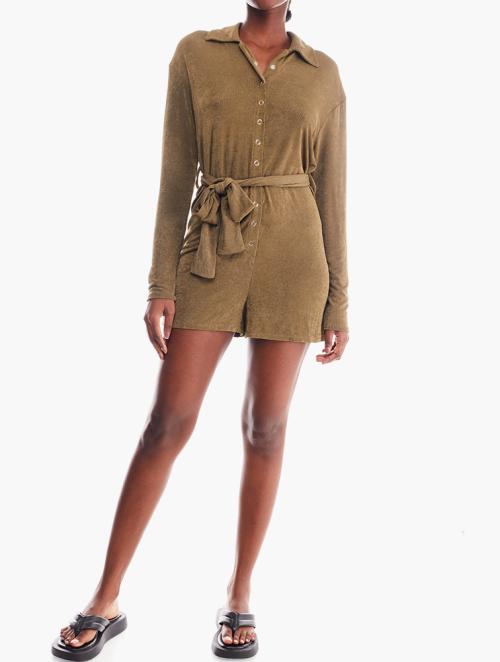 Forever 21 Olive Spread Collar Long Sleeve Playsuit