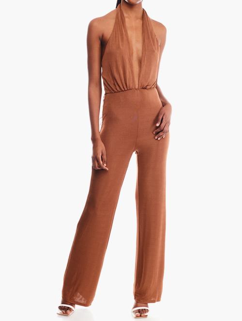 Forever 21 Brown Plunge Neck Jumpsuit