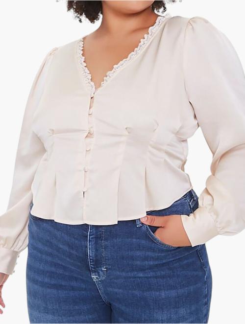 Forever 21 Curve White Satin Lace Trim Top