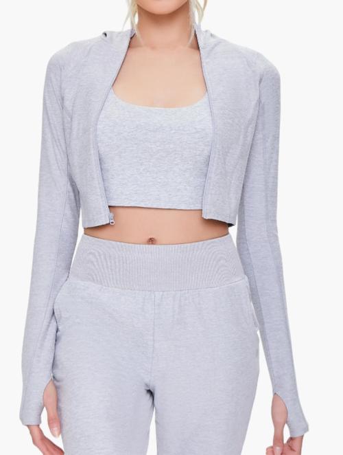 Forever 21 Heather Grey Active Zip-Up Cropped Hoodie