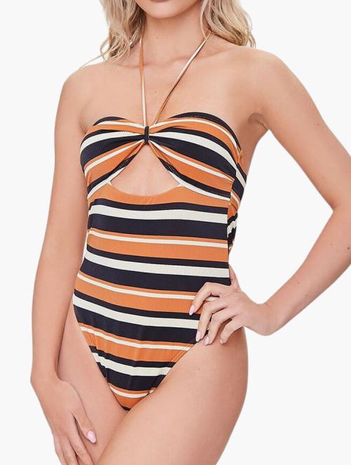 Forever 21 Black & Multi Striped Cutout One Piece Swimsuit